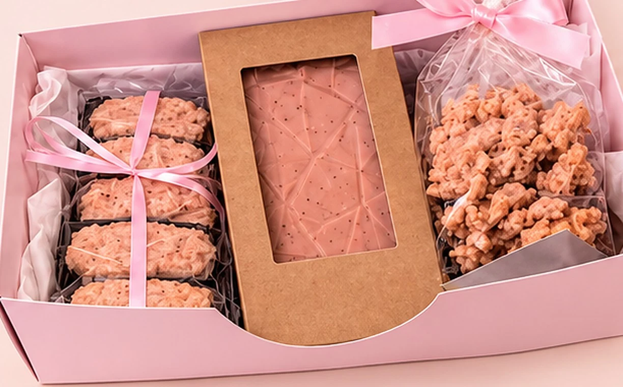Le coffret Rose d'Auxois ouvert : granits roses noués d'un ruban, tablette et éclats